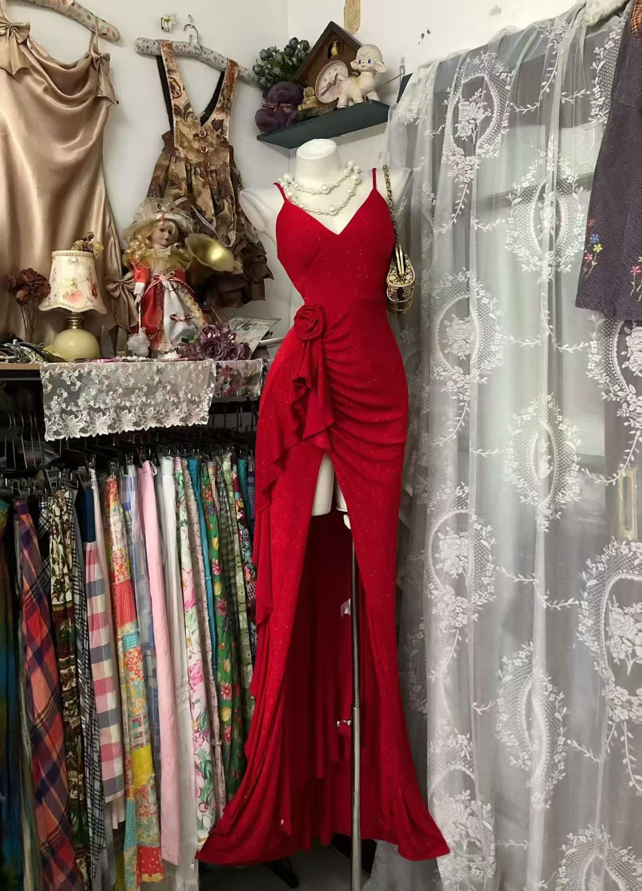 V Neck Red Ruffled Formal Prom Dress With Slit Birthday Dress  P2038