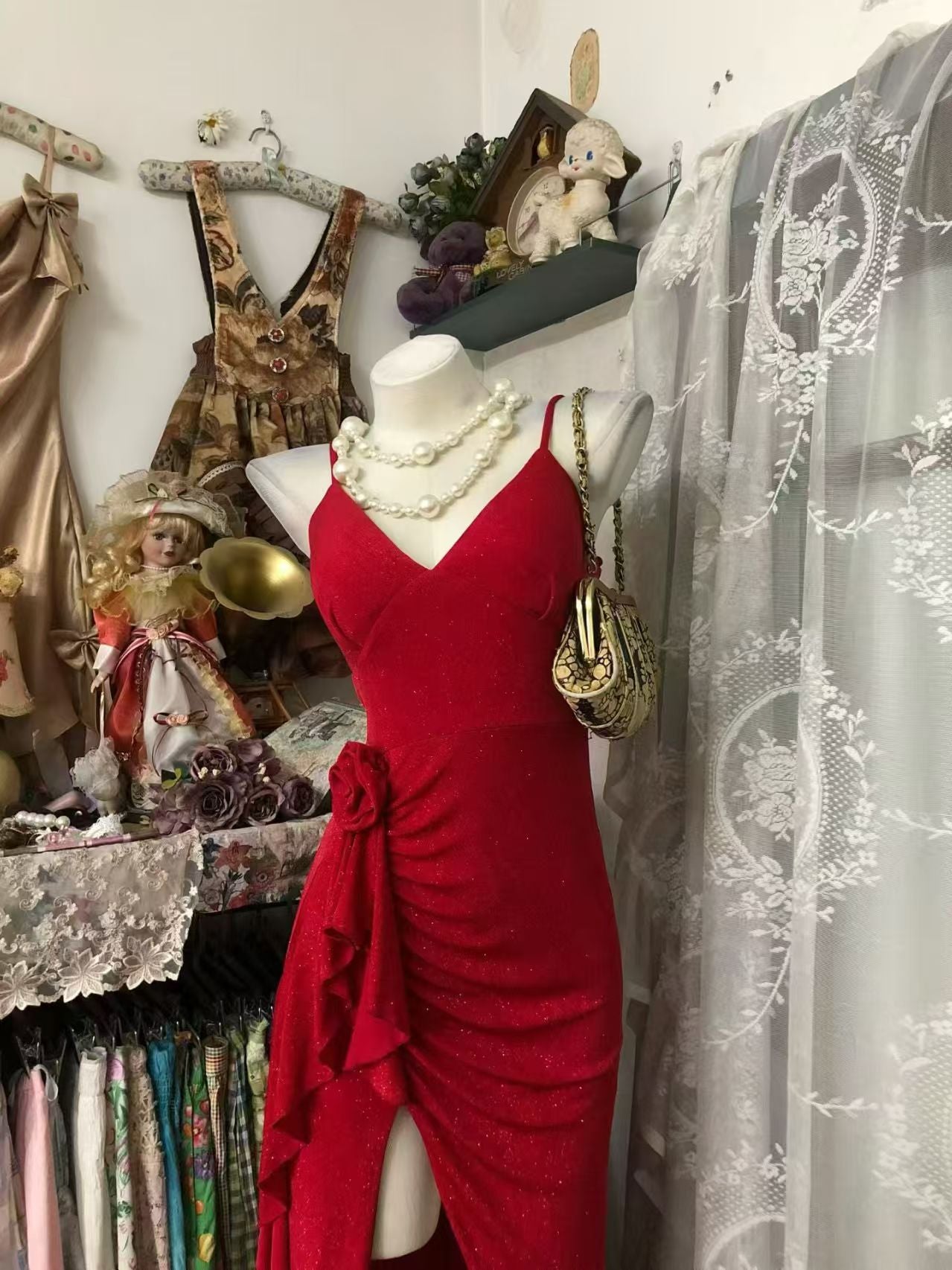 V Neck Red Ruffled Formal Prom Dress With Slit Birthday Dress  P2038