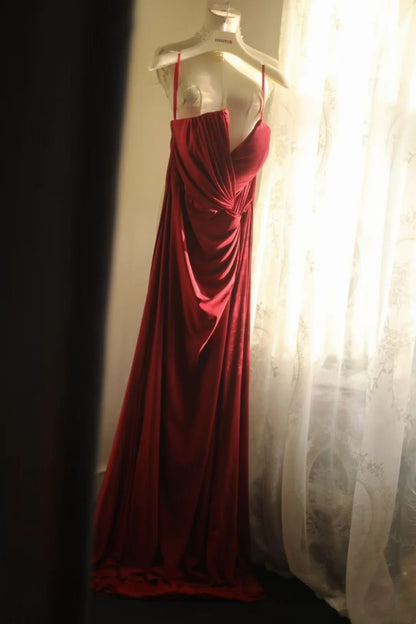 V Neck Red Satin Mermaid Prom Dress With Slit  P1706