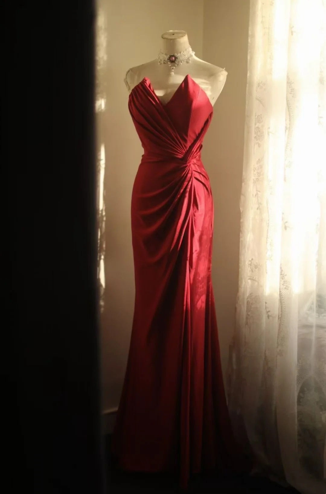 V Neck Red Satin Mermaid Prom Dress With Slit  P1706