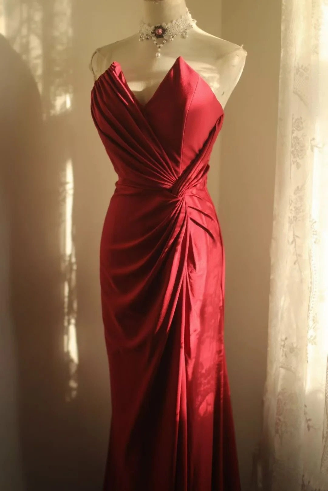 V Neck Red Satin Mermaid Prom Dress With Slit  P1706