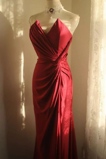 V Neck Red Satin Mermaid Prom Dress With Slit  P1706