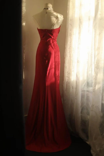 V Neck Red Satin Mermaid Prom Dress With Slit  P1706