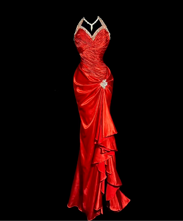 V Neck Red Satin Prom Dress Retro Sheath Evening Dress  P1309