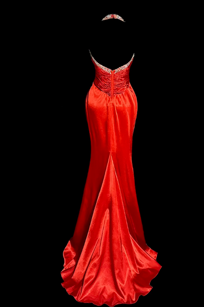 V Neck Red Satin Prom Dress Retro Sheath Evening Dress  P1309