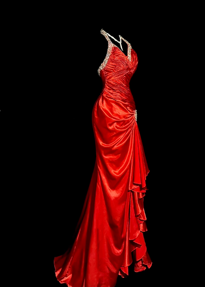 V Neck Red Satin Prom Dress Retro Sheath Evening Dress  P1309