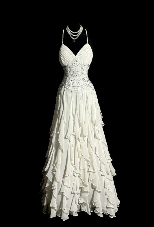 V Neck Ruffled A Line Prom Dress Beaded Evening Gown  P2604