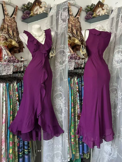 V Neck Ruffled Fuchsia Wedding Guest Dress Mermaid Evening Gown  P2678