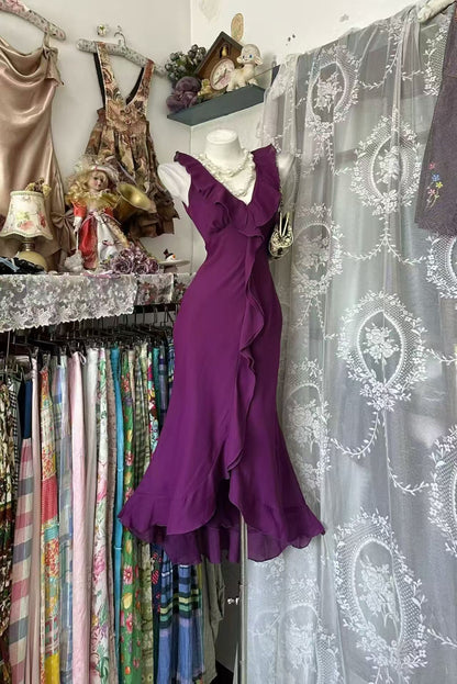V Neck Ruffled Fuchsia Wedding Guest Dress Mermaid Evening Gown  P2678