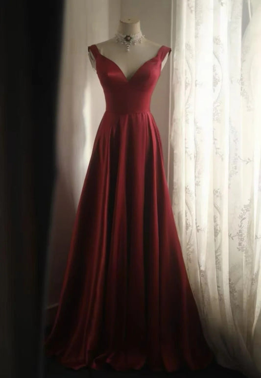 V Neck Satin A Line Formal Prom Dress With Slit  P2612