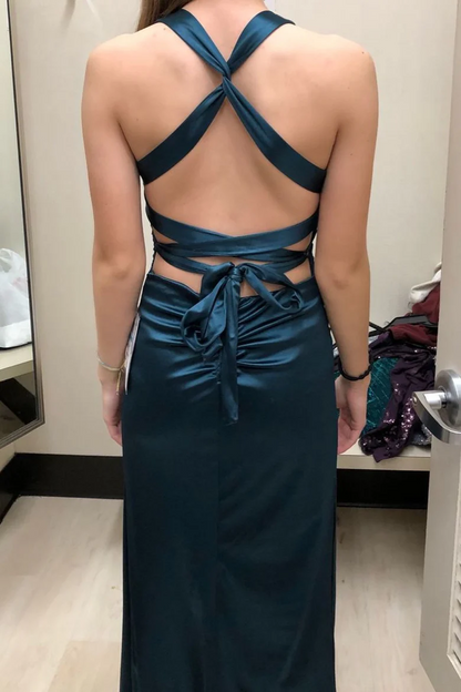 V Neck Satin Mermaid Long Formal Prom Dress With Slit P836