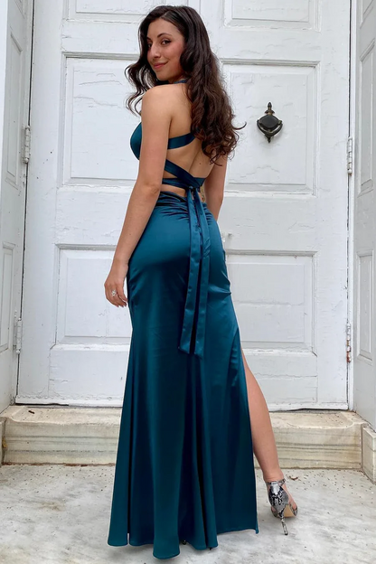 V Neck Satin Mermaid Long Formal Prom Dress With Slit P836