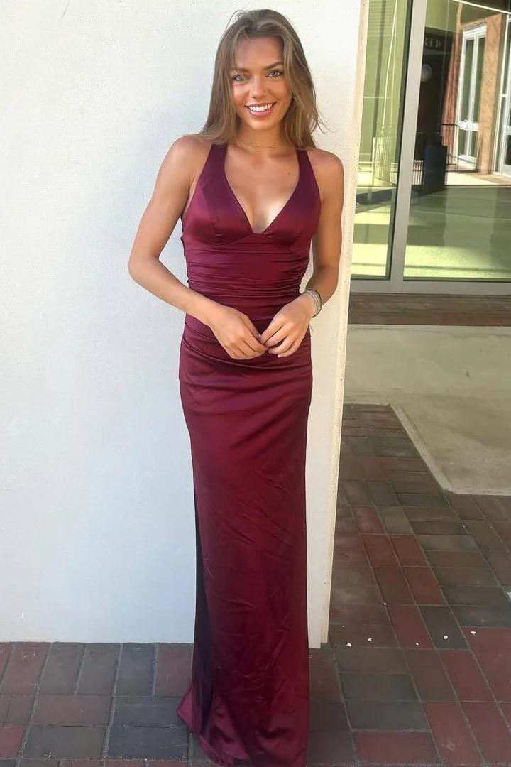 V Neck Satin Mermaid Long Formal Prom Dress With Slit P836