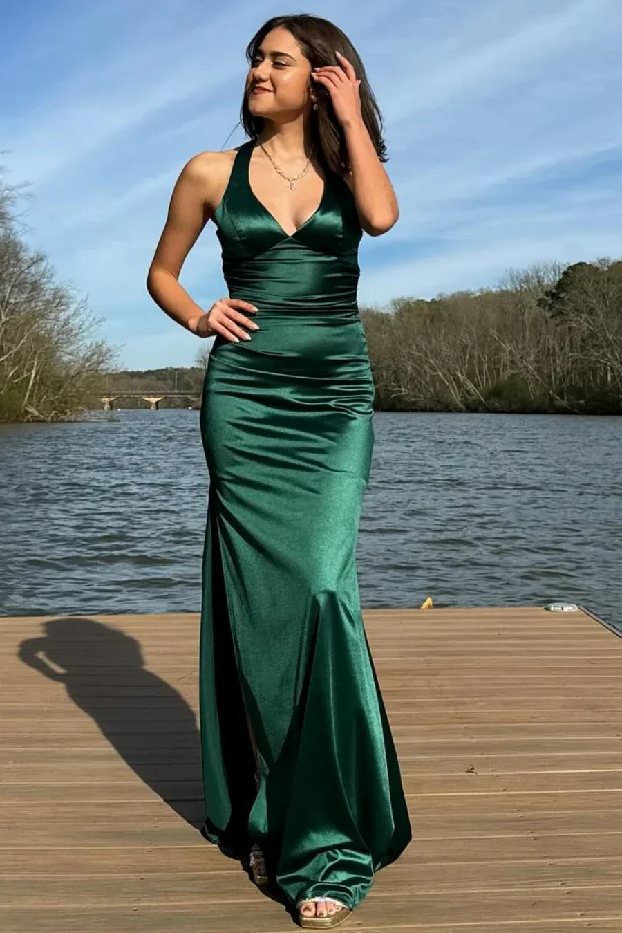 V Neck Satin Mermaid Long Formal Prom Dress With Slit P836
