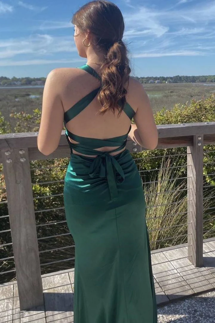 V Neck Satin Mermaid Long Formal Prom Dress With Slit P836