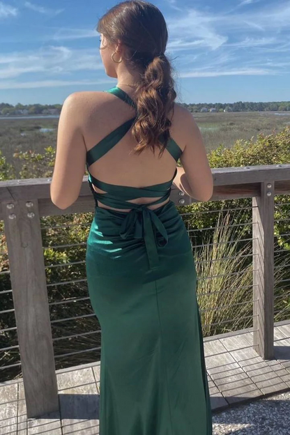 V Neck Satin Mermaid Long Formal Prom Dress With Slit P836