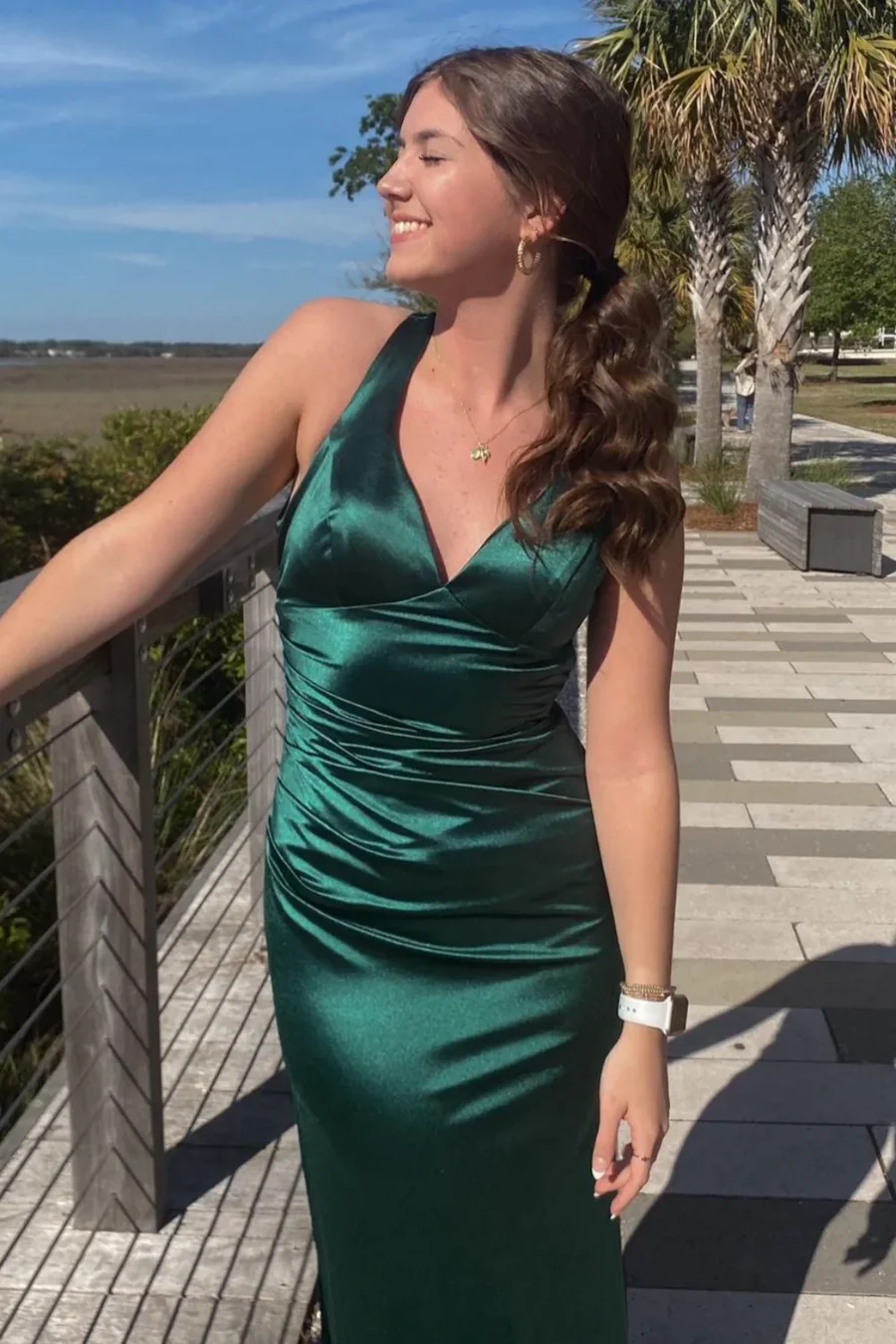 V Neck Satin Mermaid Long Formal Prom Dress With Slit P836