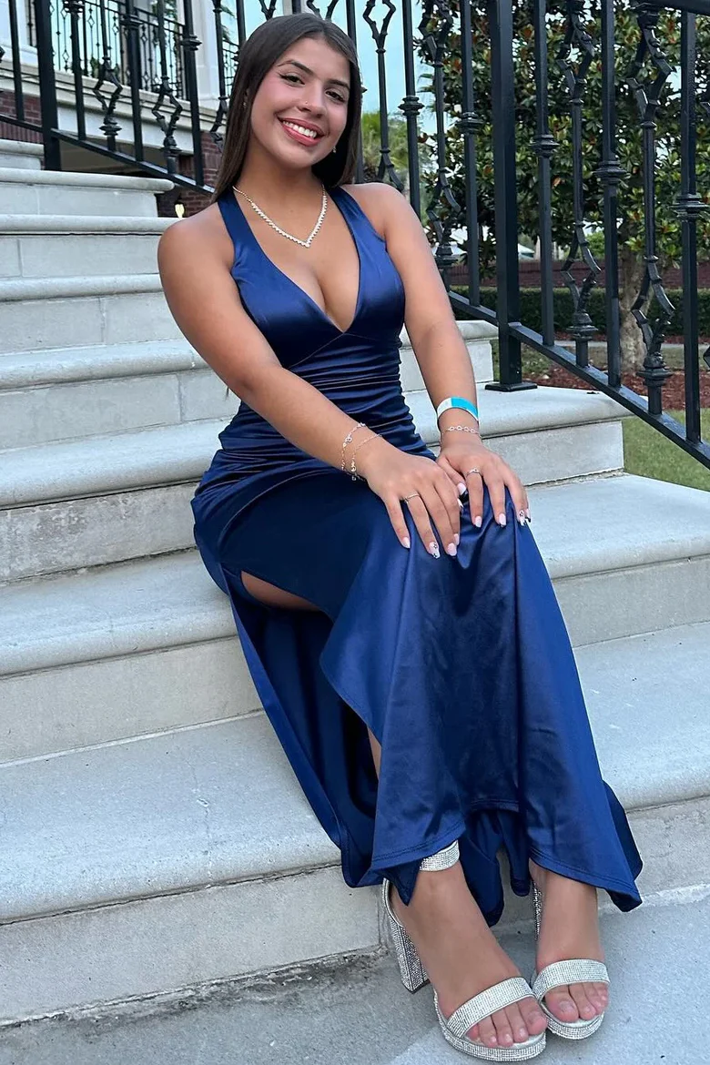 V Neck Satin Mermaid Long Formal Prom Dress With Slit P836