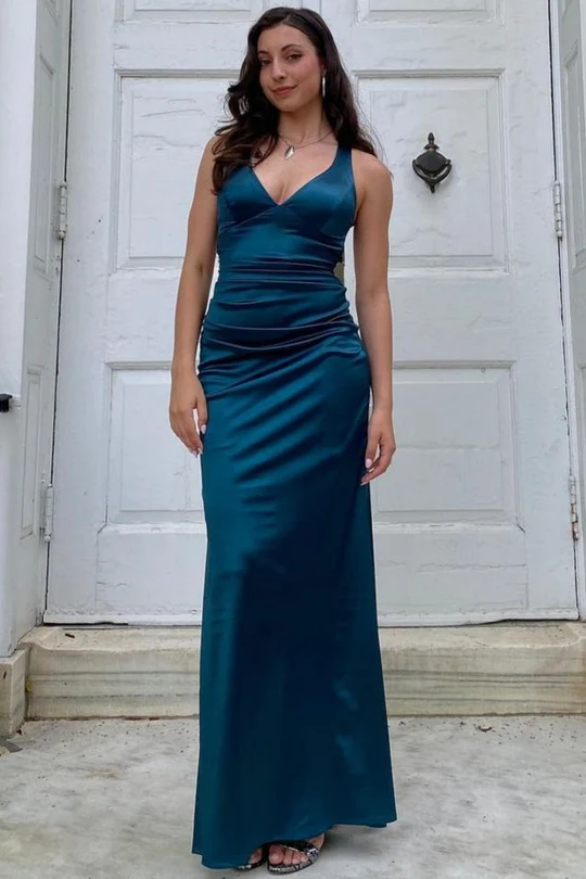 V Neck Satin Mermaid Long Formal Prom Dress With Slit P836