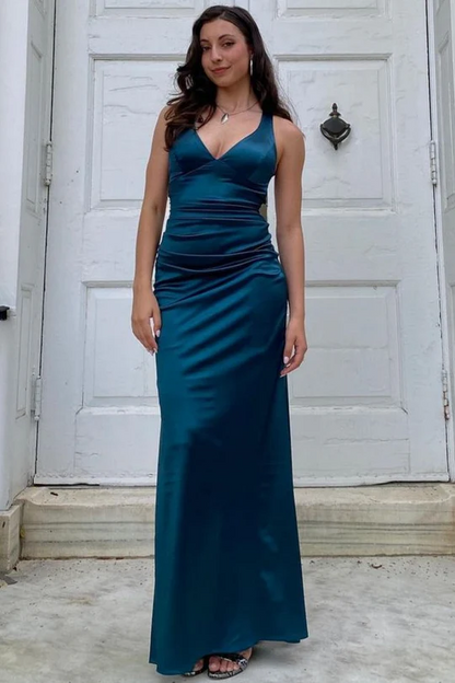 V Neck Satin Mermaid Long Formal Prom Dress With Slit P836