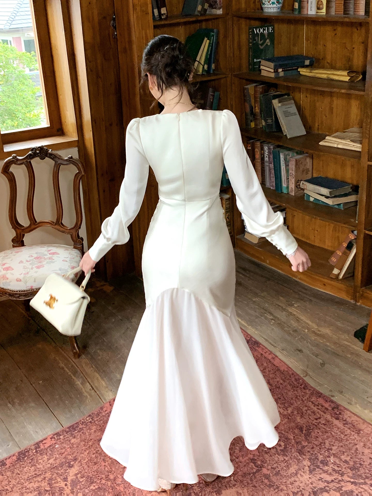 V Neck Satin Mermaid Modest  Evening Dress   P1597