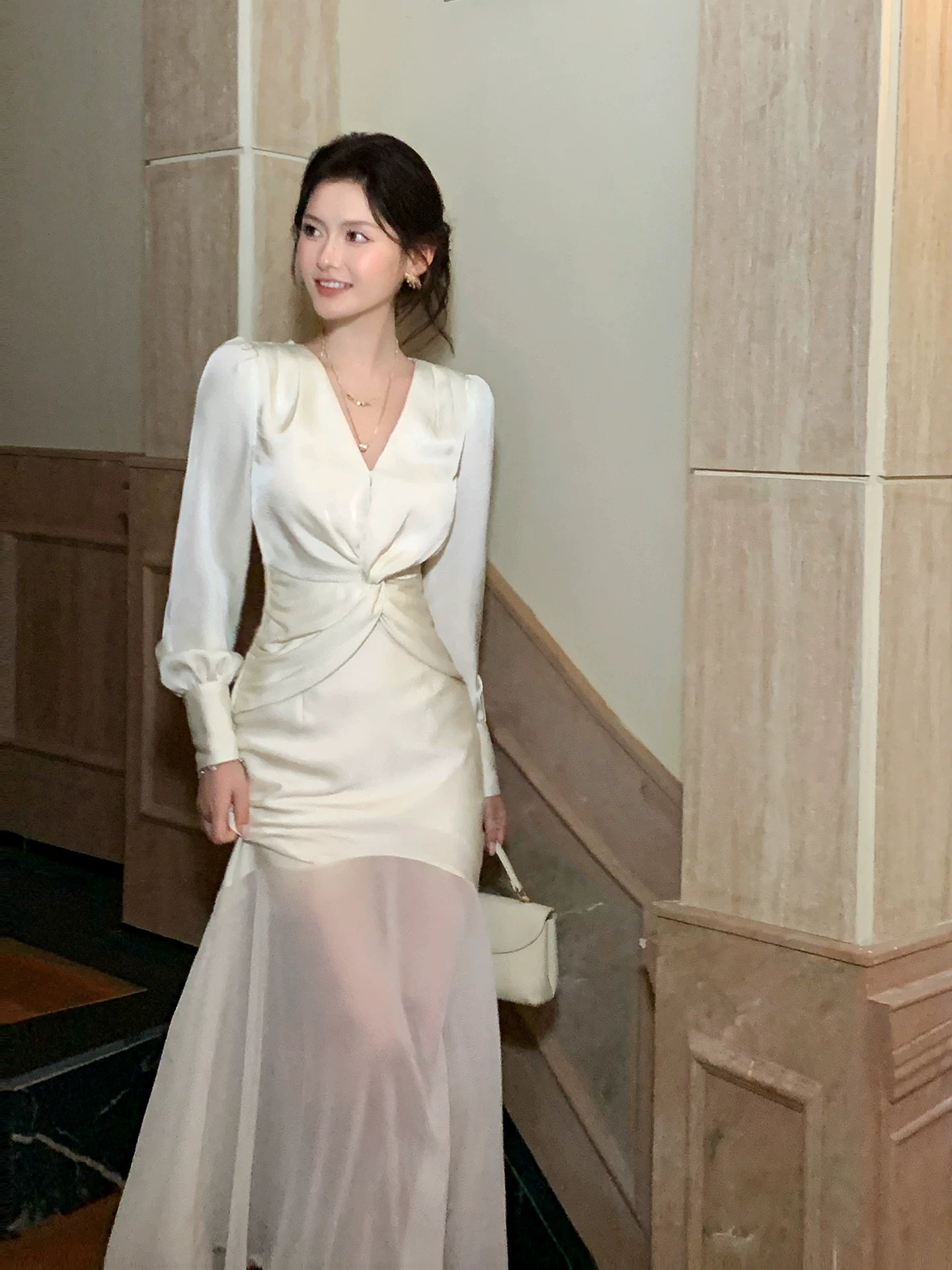 V Neck Satin Mermaid Modest  Evening Dress   P1597