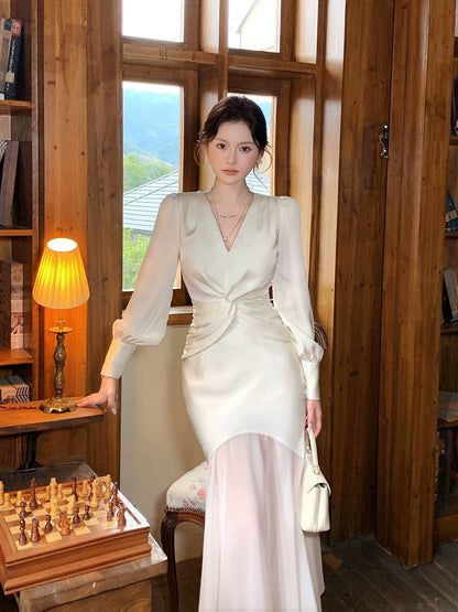 V Neck Satin Mermaid Modest  Evening Dress   P1597