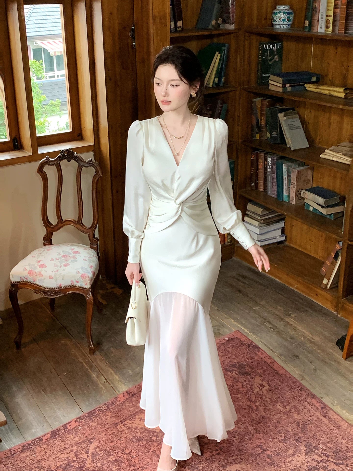 V Neck Satin Mermaid Modest  Evening Dress   P1597