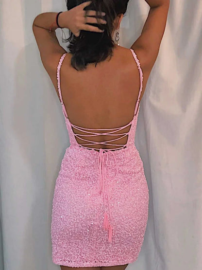 V Neck Short Pink Sequin Homecoming Dresses  P2357