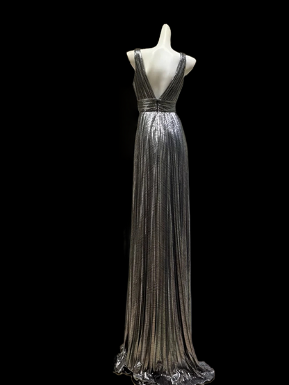 V Neck Silver Formal Prom Dress Pleaded Evening Gown  P1681