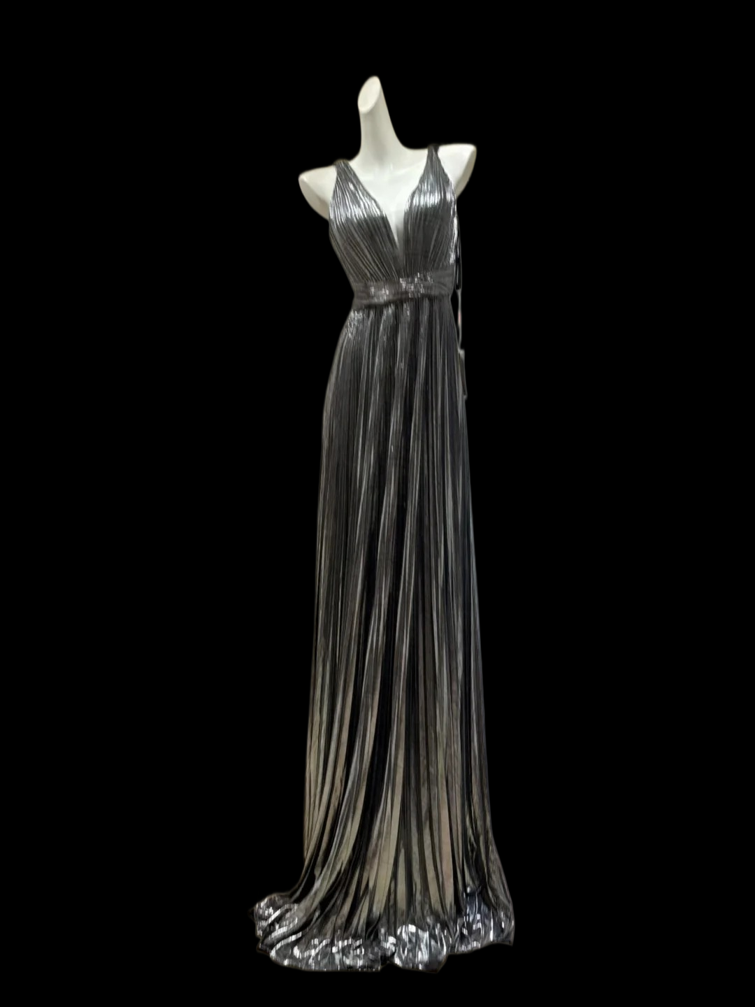 V Neck Silver Formal Prom Dress Pleaded Evening Gown  P1681