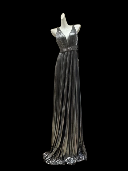V Neck Silver Formal Prom Dress Pleaded Evening Gown  P1681