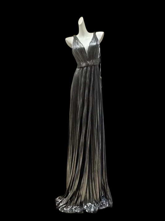 V Neck Silver Formal Prom Dress Pleaded Evening Gown  P1681