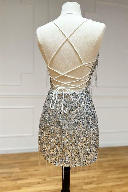 V Neck Silver Sequin Homecoming Dress Sparkle Birthday Dress   P2129
