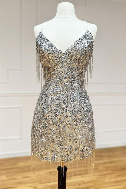V Neck Silver Sequin Homecoming Dress Sparkle Birthday Dress   P2129