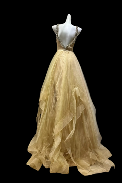 V Neck Sparkle Yellow Long Prom Dress A Line Tulle Formal Dress  P1696