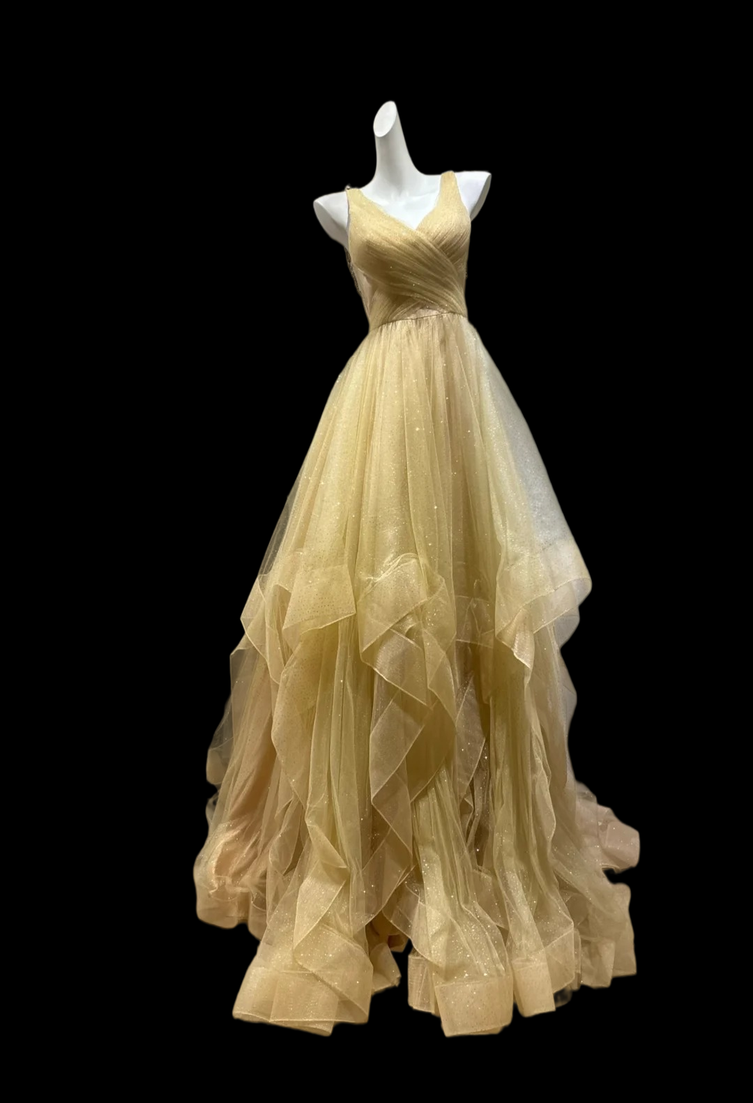 V Neck Sparkle Yellow Long Prom Dress A Line Tulle Formal Dress  P1696