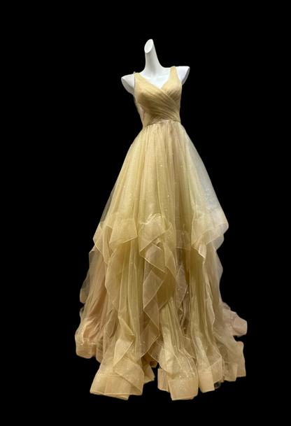 V Neck Sparkle Yellow Long Prom Dress A Line Tulle Formal Dress  P1696
