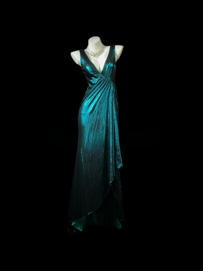 V Neck Teal Wedding Guest Dress A Line Evening Dress    P2005
