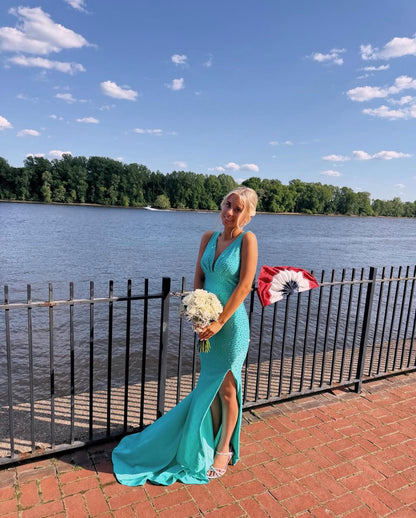 V Neck Tiffany Blue Satin Prom Dress Open Mermaid Evening Dress  P1604