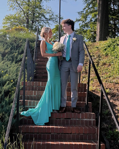 V Neck Tiffany Blue Satin Prom Dress Open Mermaid Evening Dress  P1604