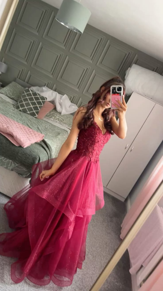 V Neck Tulle A Line Burgundy Prom Dress Formal Party Dress  P911