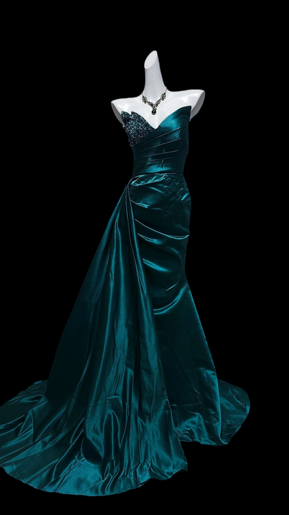 V Neck Turquoise Green Mermaid Formal Prom Dress Beaded Evening Gown  P2417