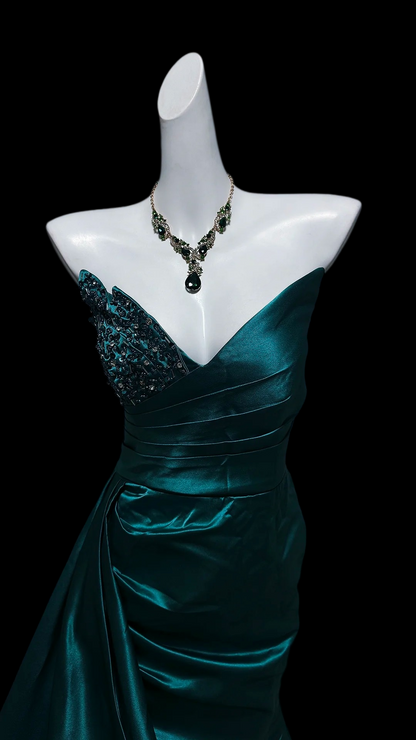 V Neck Turquoise Green Mermaid Formal Prom Dress Beaded Evening Gown  P2417