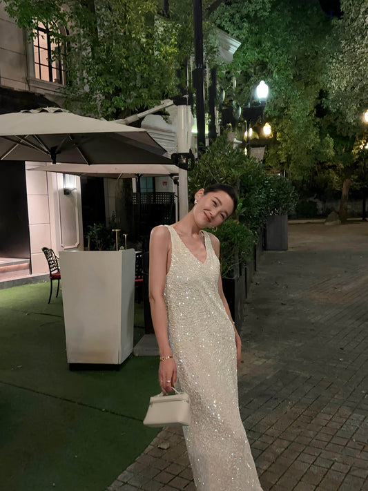 V Neck Velvet Sequins Prom Dress Formal Evening Dress  P761