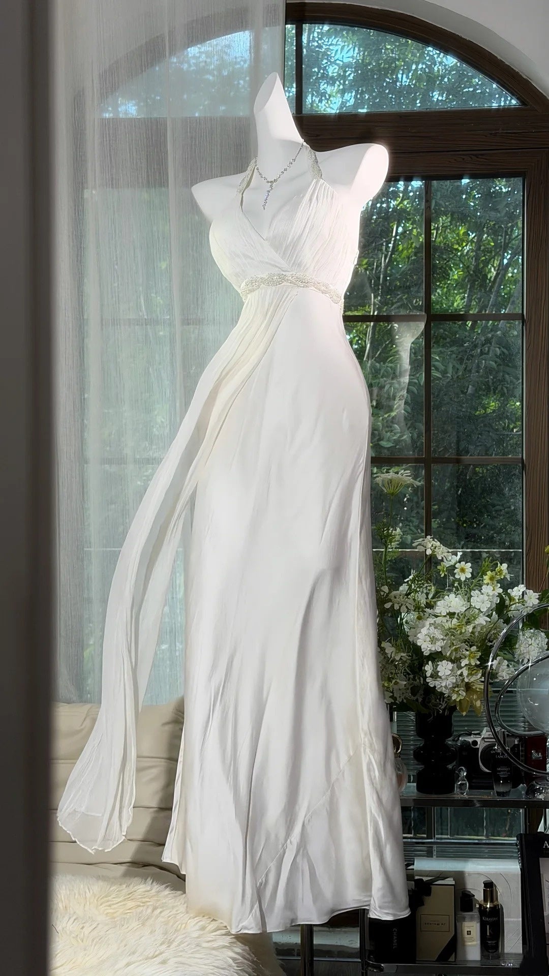 V Neck White Beaded Wedding Dress Chiffon Birthday Dress  P1678