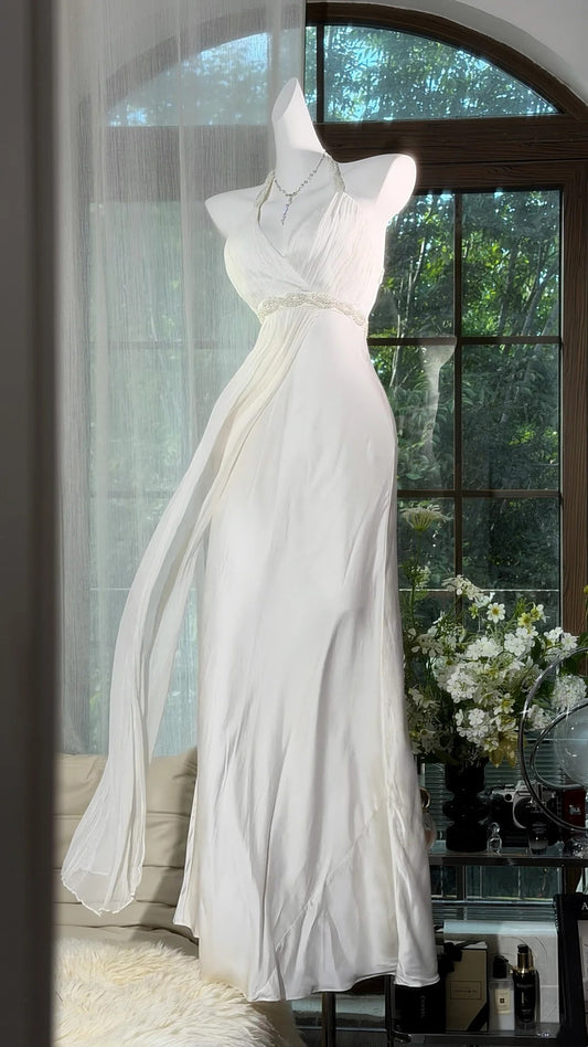 V Neck White Beaded Wedding Dress Chiffon Birthday Dress  P1678