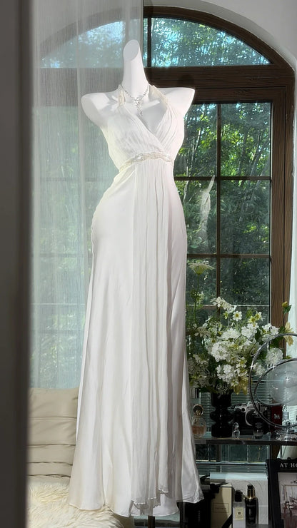 V Neck White Beaded Wedding Dress Chiffon Birthday Dress  P1678