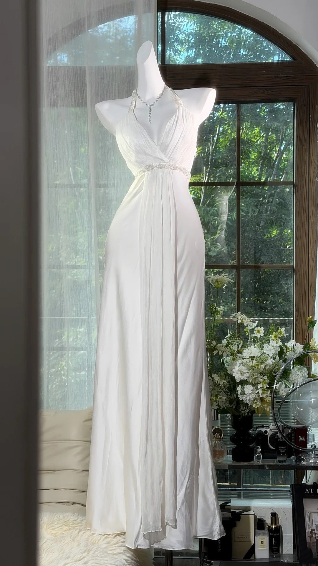 V Neck White Beaded Wedding Dress Chiffon Birthday Dress  P1678