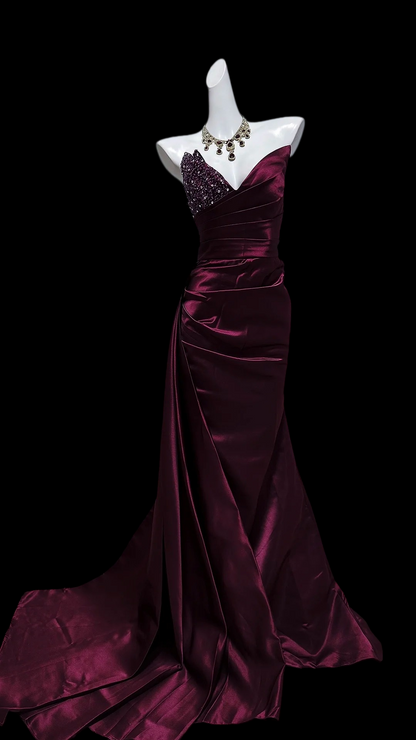 V Neck Wine Red Mermaid Formal Prom Dress Beaded Evening Gown  P2416